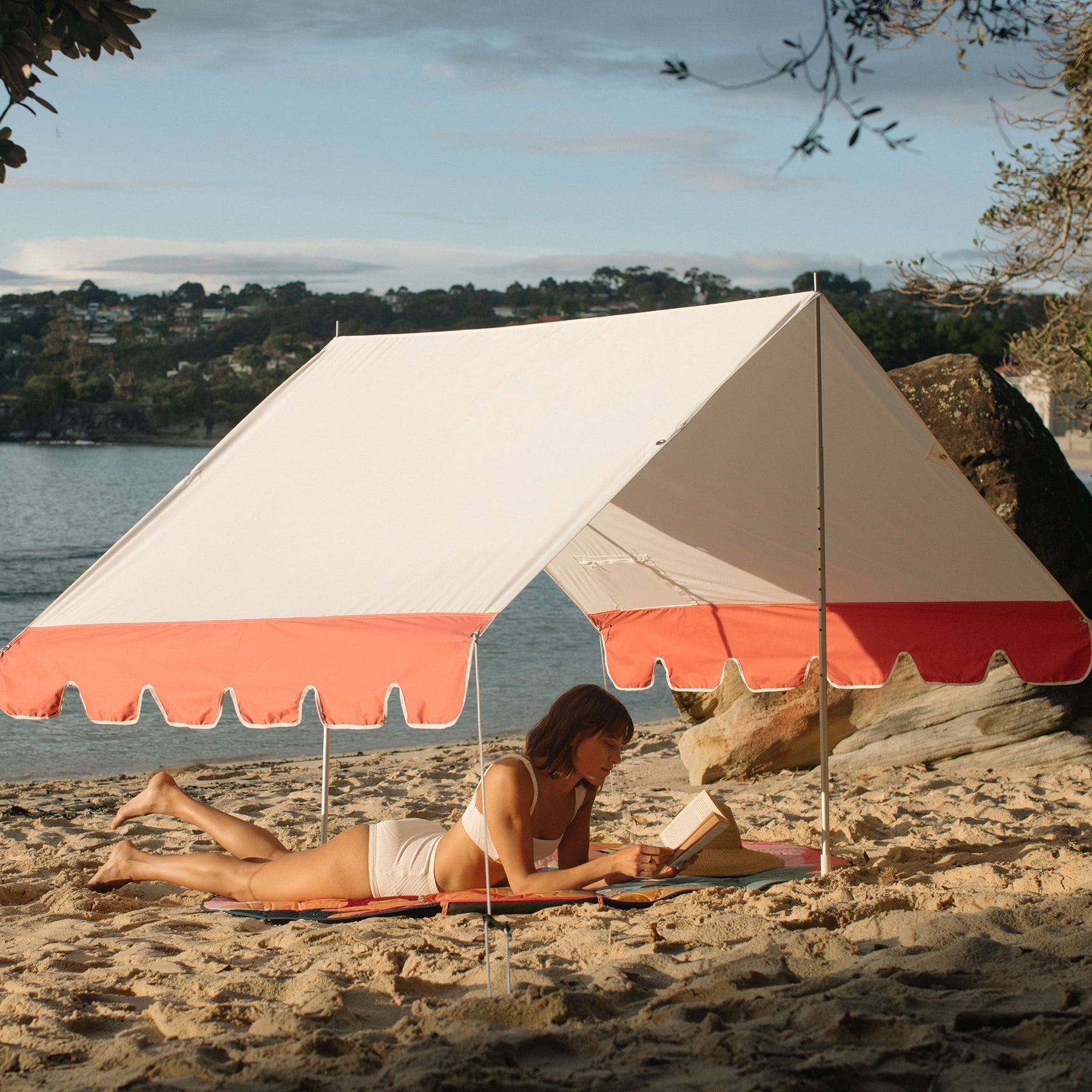 premium beach tent Beach Tent Coral/White: UPF50+ – Basil Bangs USA