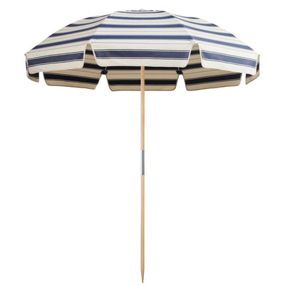 Jardin Patio Umbrella in Al Mare Stripe Marine with a domed canopy, elegant fringing, and UPF50+ sun protection for stylish outdoor shade.