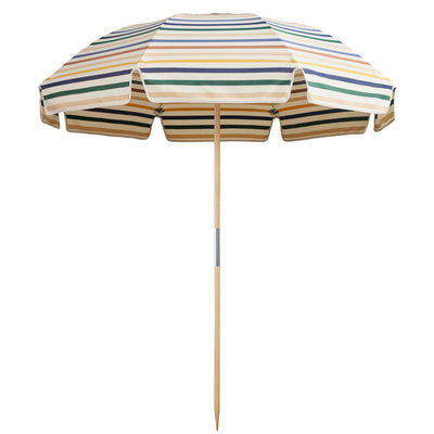 Jardin Patio Umbrella in Amore Stripe Gusto with UPF50+ protection, elegant fringing, and durable, water-resistant fabric.