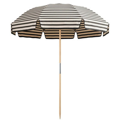 Jardin Patio Umbrella in Amore Stripe Sabbia with UPF50+ protection, elegant valance, and durable, water-resistant fabric.