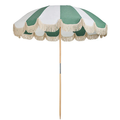 Jardin Patio Umbrella in Sage with elegant fringing, UPF50+ sun protection, and water-repellent fabric for stylish outdoor shade.