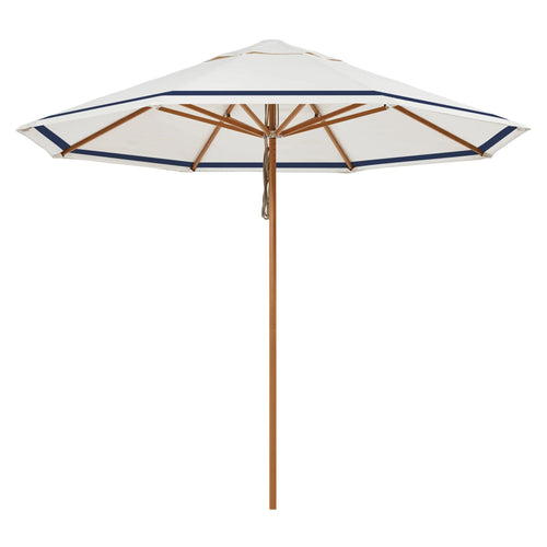 Sundial+ 9ft Regatta Stripe Navy umbrella with a timber-look aluminum finish, UPF50+ sun protection, and marine-grade fixtures.