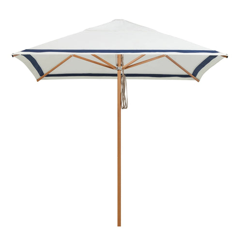 6.5ft Sundial+ umbrella in Regatta Stripe Navy with a timber-look aluminum finish, UPF50+ sun protection, and marine-grade fixtures.