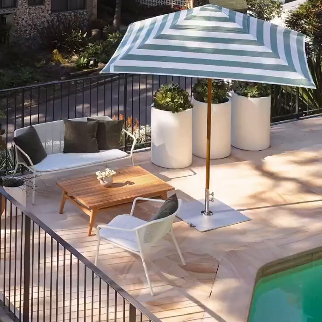 beige and white striped patio umbrella Basil Bangs 2m Sundial Patio Umbrella Woodgrain Frame Sage stripe