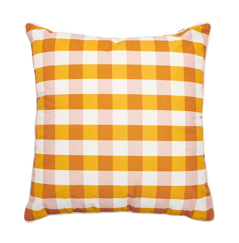 Our Basil Bangs Outdoor Cushion Gingham Butterscotch feature a waterproof coating to protect them from the elements, making them perfect for outdoor use.